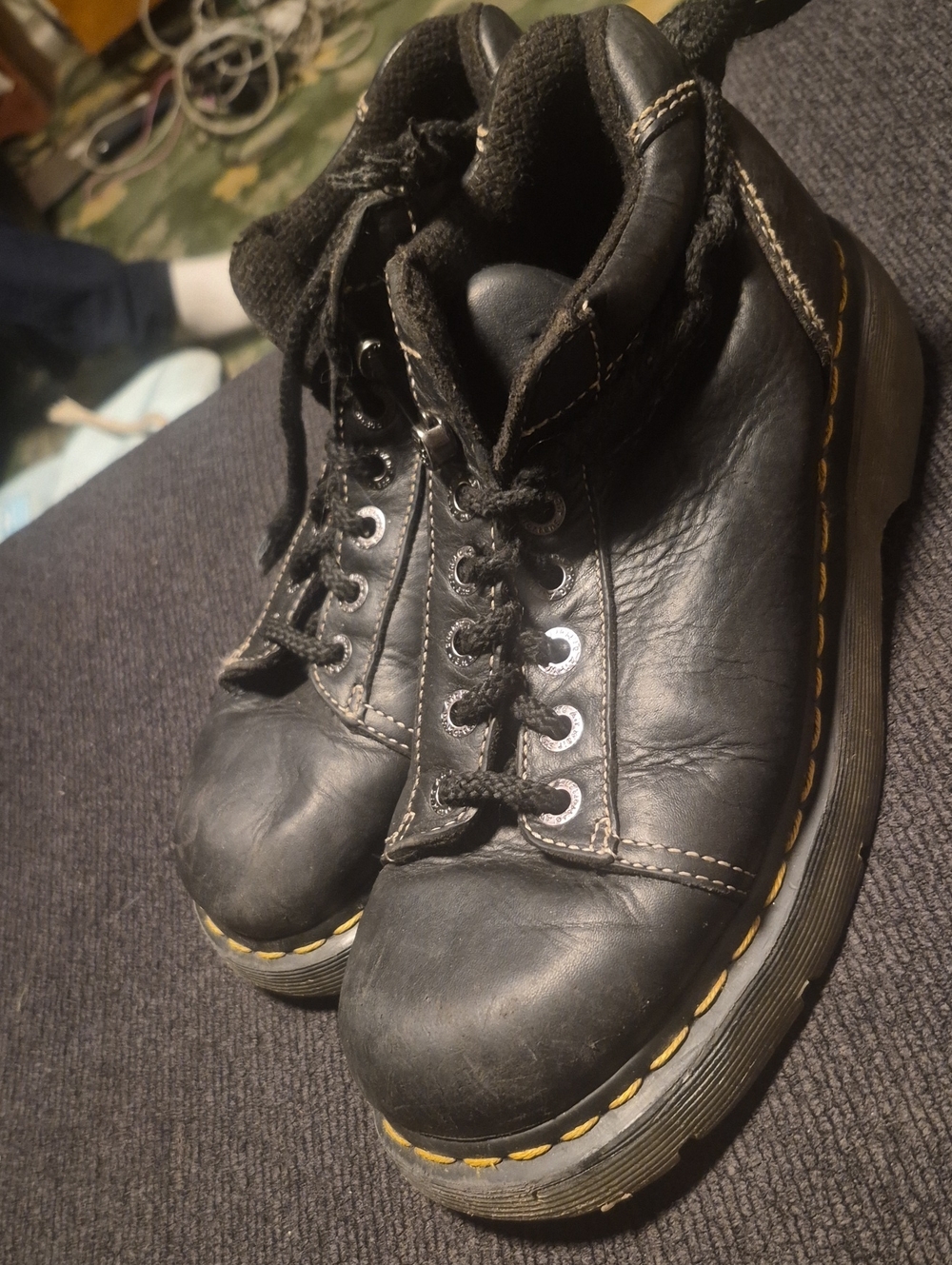 Dr. Martens Black Leather Lace-Up Men’s Ankle Boots with Yellow Stitching